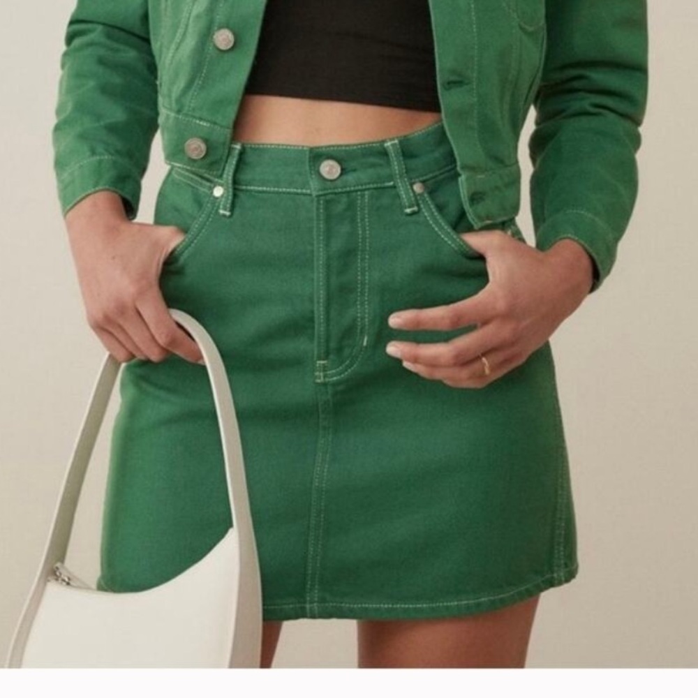 Reformation Cowboy High Rise Denim Mini Skirt in Grass